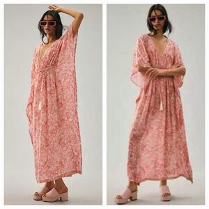 ANTHROPOLOGIE RUJUTA SHETH Kaftan Cinch Floral Pink Maxi Dress Boho Bohemian O/S